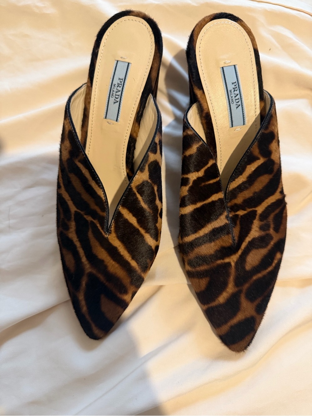 Prada Leopard-Print Ponyhair Pointed Slip-On Mules